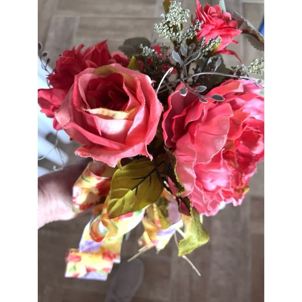 SPRING Flower BOUQUET Handmade Bow Coral Red Yellow Purple Peony Rose Zinnia